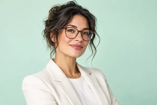 Confident editorial professional wearing glasses, photographed against a pale mint studio background.