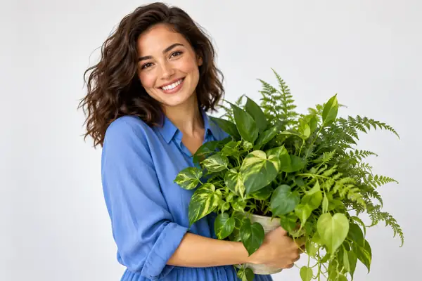 A smiling woman in a blue blouse holds a lush arrangement of green foliage against a clean studio background, photographed from the waist up.