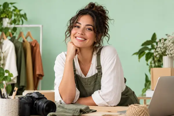 Warm studio portrait of a smiling small-business creative against a pale mint background.
