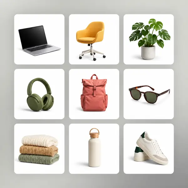 A tidy grid of shoes, clothing, accessories, and other products photographed against clean light backgrounds.